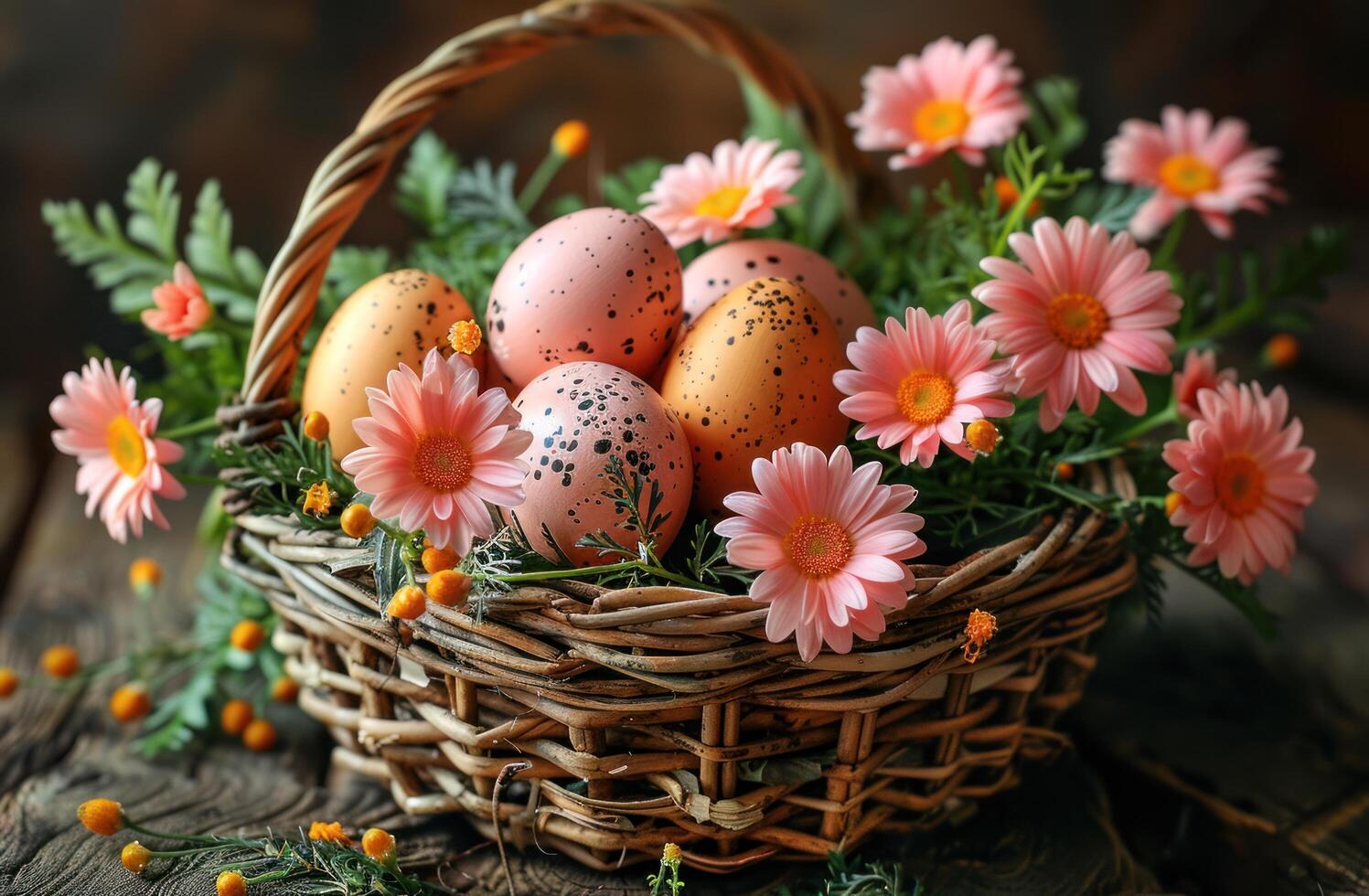 AI generated Basket Filled With Gold Eggs on Table photo