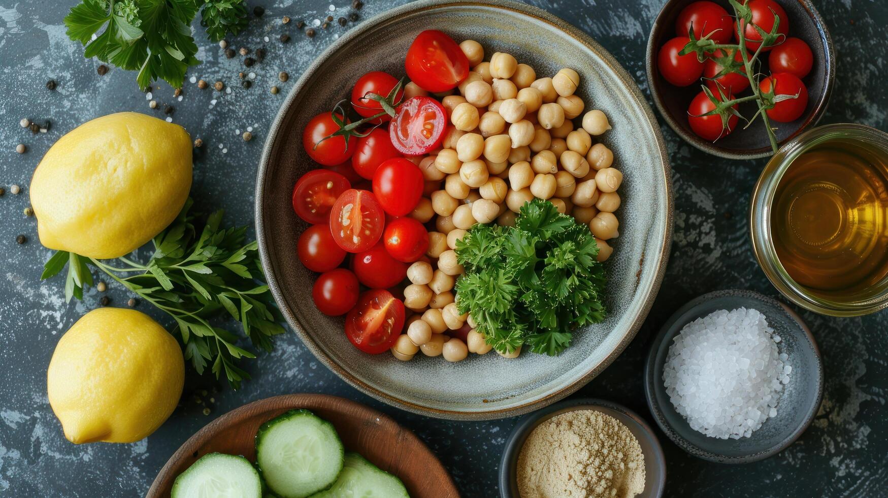 AI generated light and flavorful salad with chickpeas, cucumber, tomatoes, parsley, and a lemon dressing photo