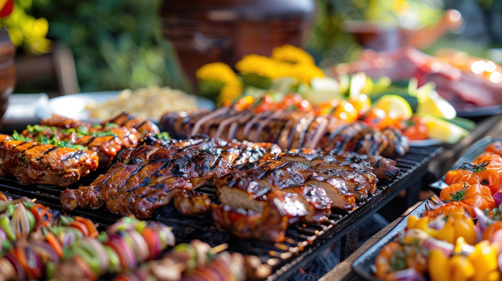 ai generado un vistoso parilla untado con un surtido de A la parrilla carnes, verduras, y lado platos foto