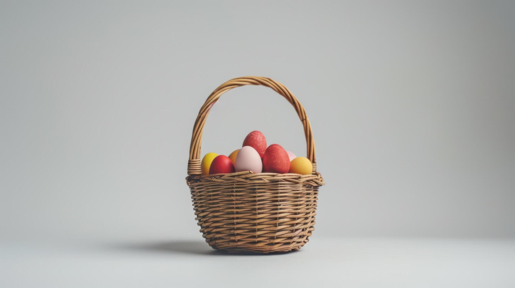 AI generated A clean, white background with a single Easter basket in the center, filled with eggs photo