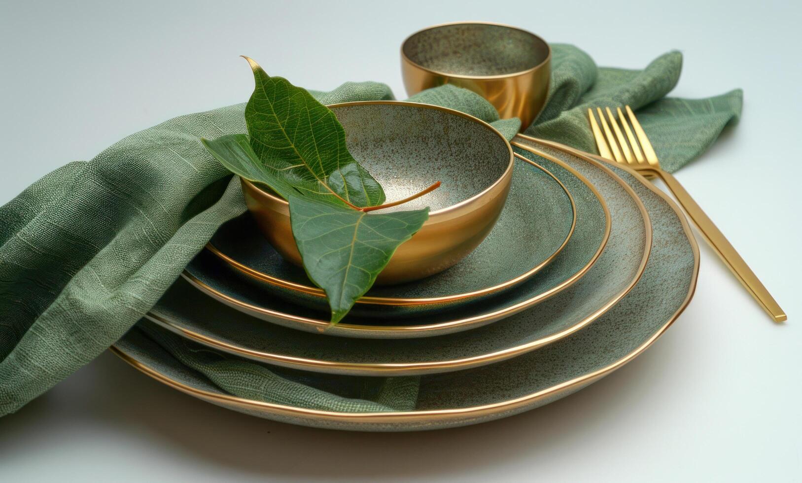 AI generated table with gold tableware and green napkin with leaf isolated on white photo