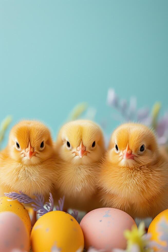 AI generated A minimalist backdrop with a border of cheerful Easter chicks photo