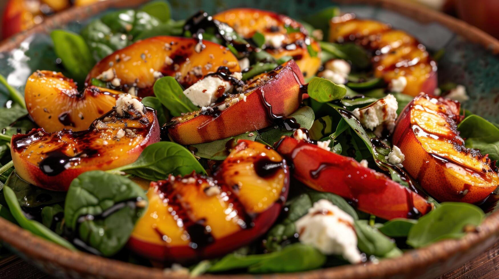 AI generated A colorful salad featuring spinach, grilled peaches, goat cheese, and a balsamic glaze photo