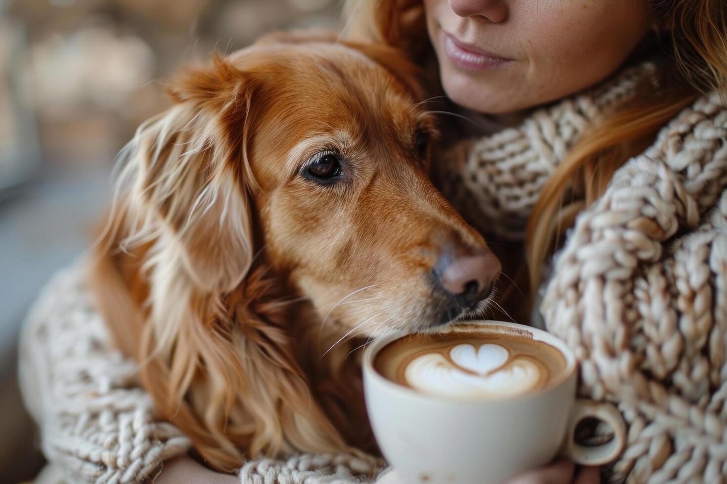 AI generated woman holding coffee with a dog near a white cup of coffee photo