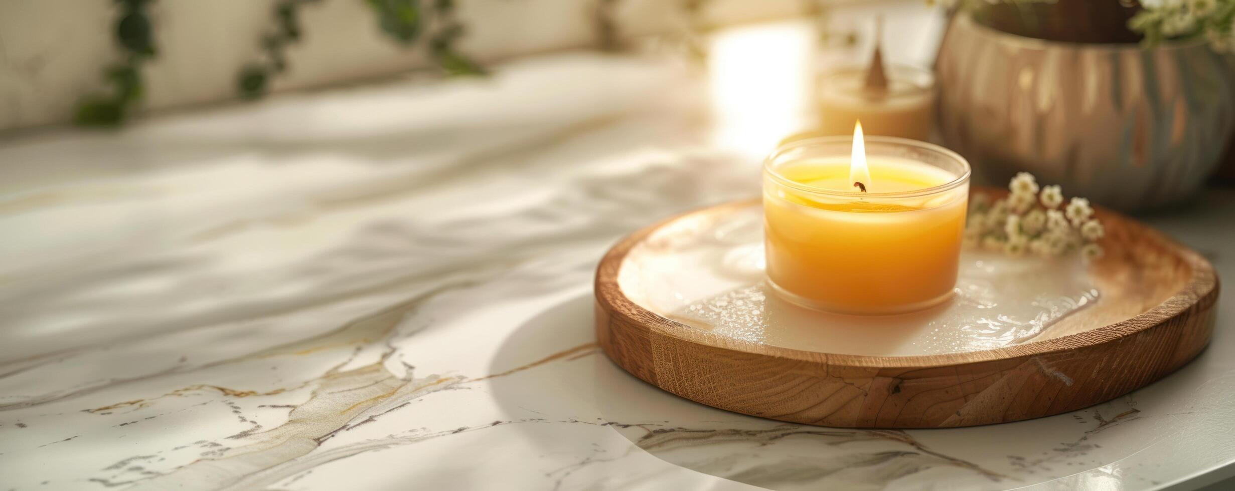 AI generated wax spa and candle on white marble background photo