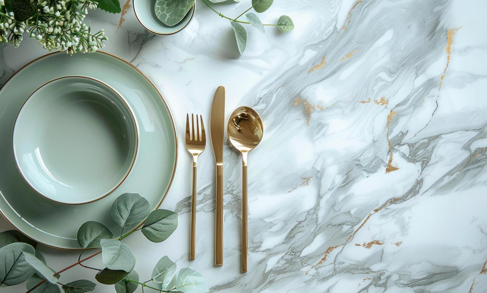 AI generated tableware on white table with green plant photo
