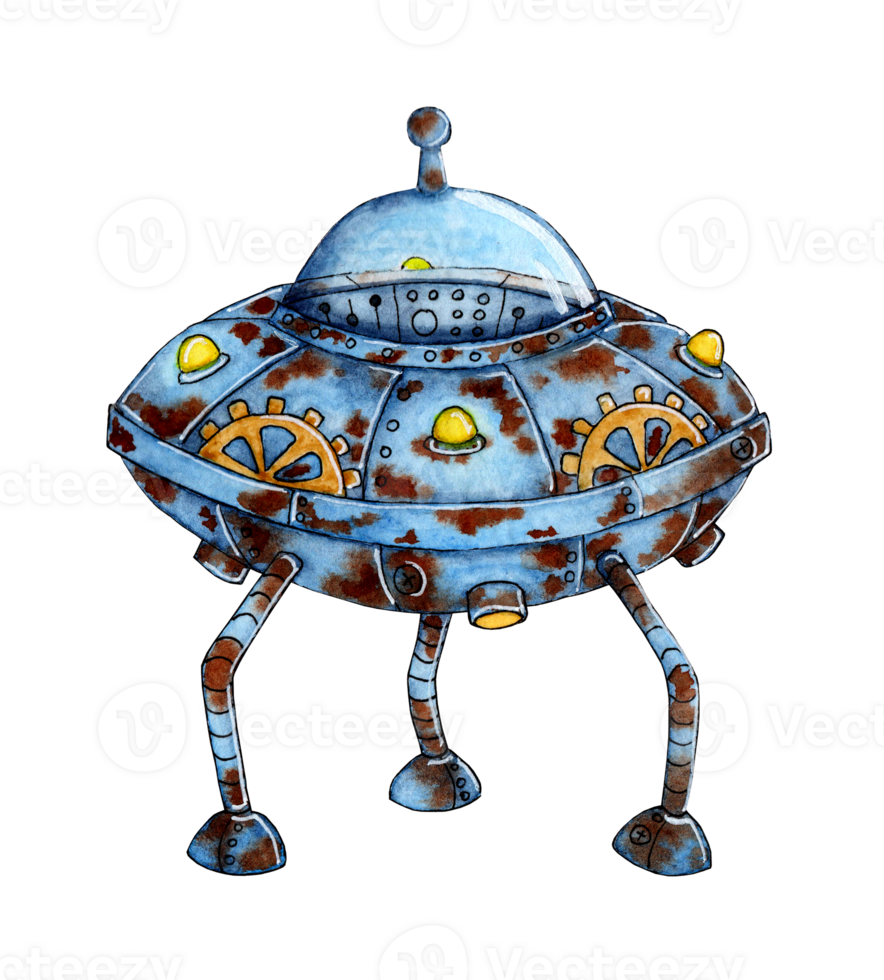 aguarela ilustração do OVNI, estrangeiro nave espacial com estrangeiro visitantes, vôo pires. oxidado, velho aeronaves. apocalipse. desenhando para crianças é isolado . desenhado de mão. png