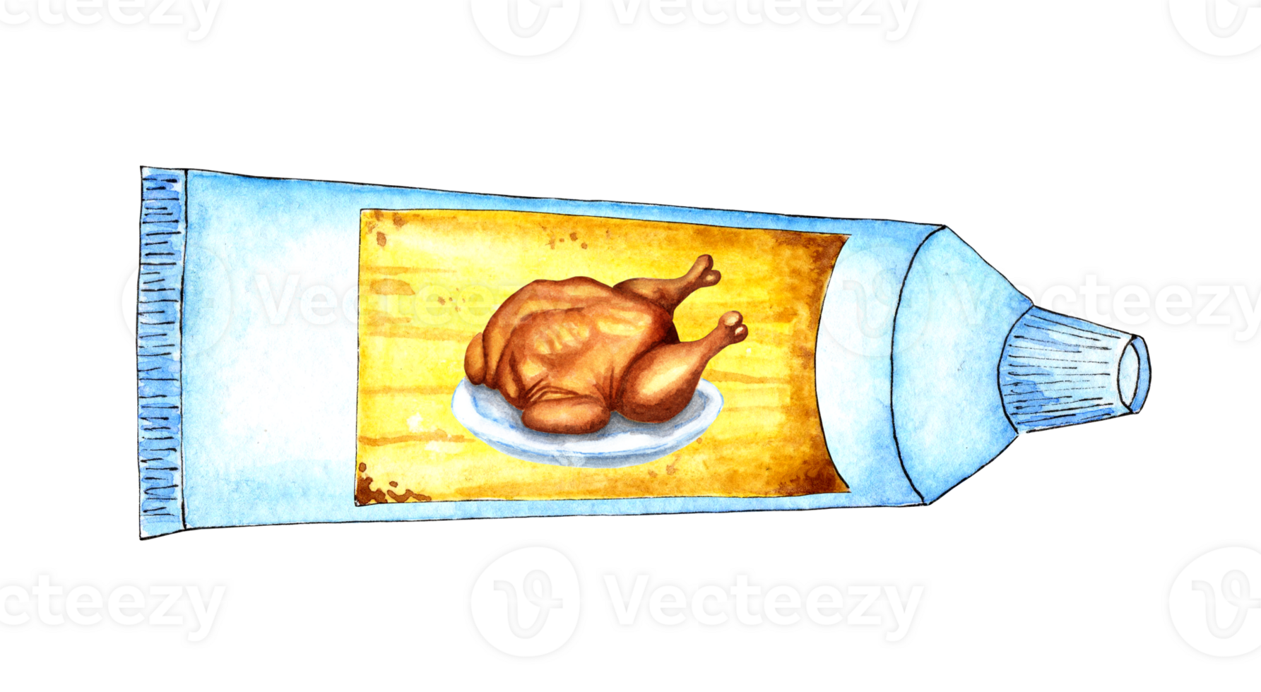 Watercolor illustration of a white tube with a yellow label and a turkey on it. Space food, astronaut food, eat in zero gravity. Turkey in a tube. Isolated. Drawn by hand. png