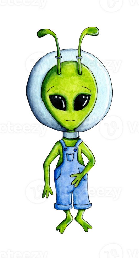 Watercolor illustration of a green alien with big black eyes and antennae on his head. Dressed in denim overalls and a spacesuit on his head. Children's funny picture. Isolated png