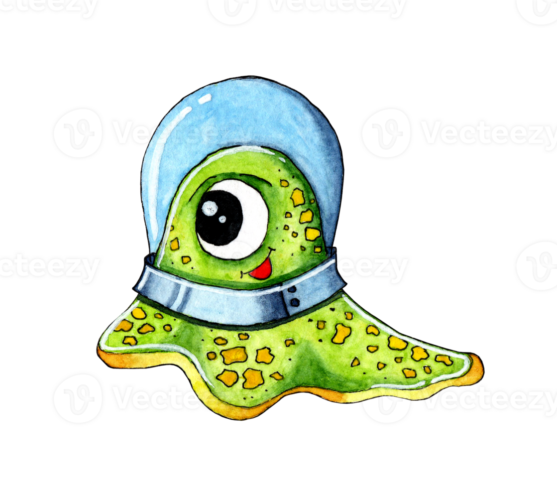 Watercolor illustration of a little cute green shapeless alien in a spacesuit. Childish picture of a happy alien with one big eye and yellow spots. Isolated png