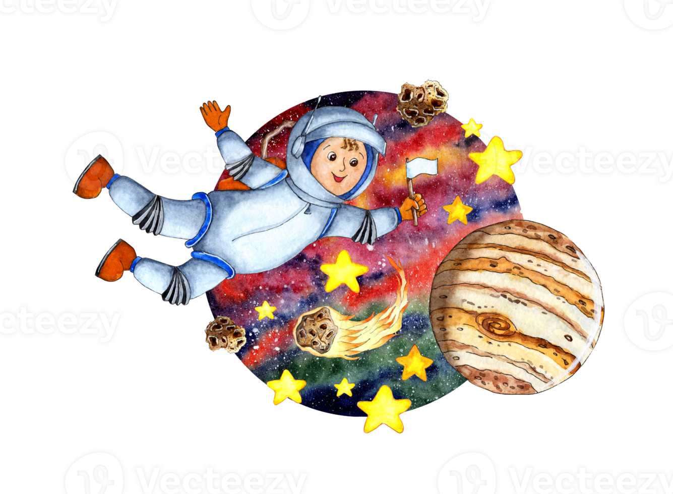 Watercolor illustration of an astrovnavt in outer space with a flag in his hands on a round background. Around him are stars, planets, asteroids and a comet. Children's drawing of the orbit. Isolated png