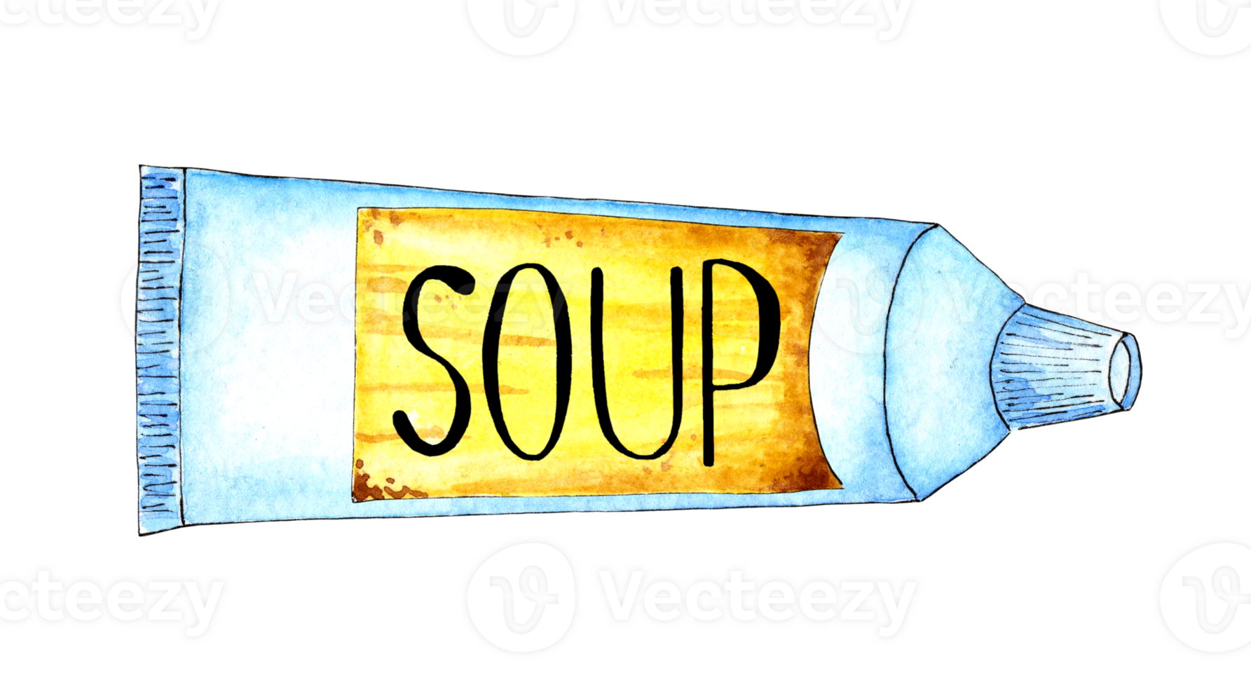 Watercolor illustration of a white pipe with a yellow label and the word soup on it. Space food, food for astronauts, is in zero gravity. Soup in a tube isolated drawn by hand png