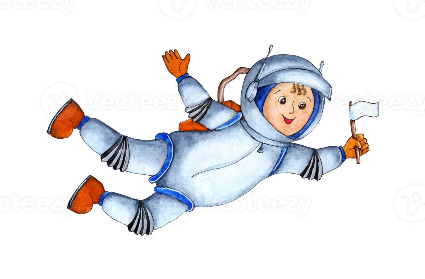 Watercolor illustration of an astronaut soars in outer space. Children's picture of an astronaut flies and holds a flag in his hands. Conquest of space. Isolated png