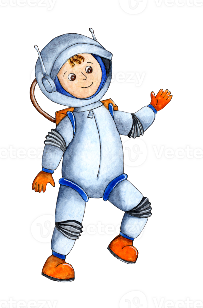 Watercolor illustration of an astronaut doing a space walk. Children's picture of a joyful astronaut in a spacesuit. Isolated. Drawn by hand. png