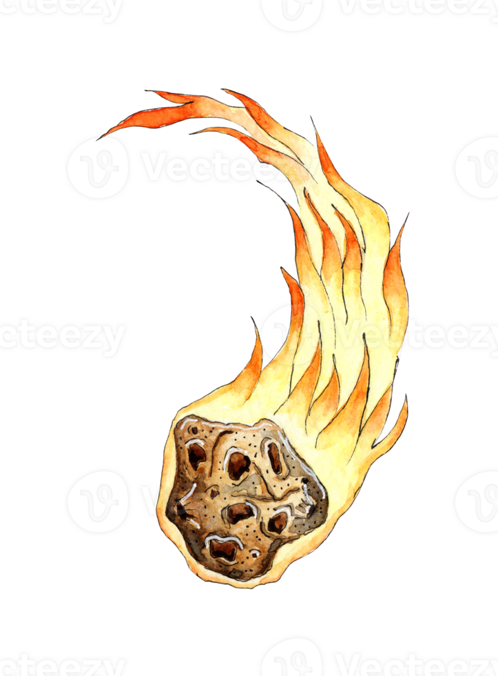 acuarela ilustración de asteroide y meteorito. que cae meteorito con el imagen de un asteroide. rocas desde espacio, orbital y descendente. el bosquejo es aislado png
