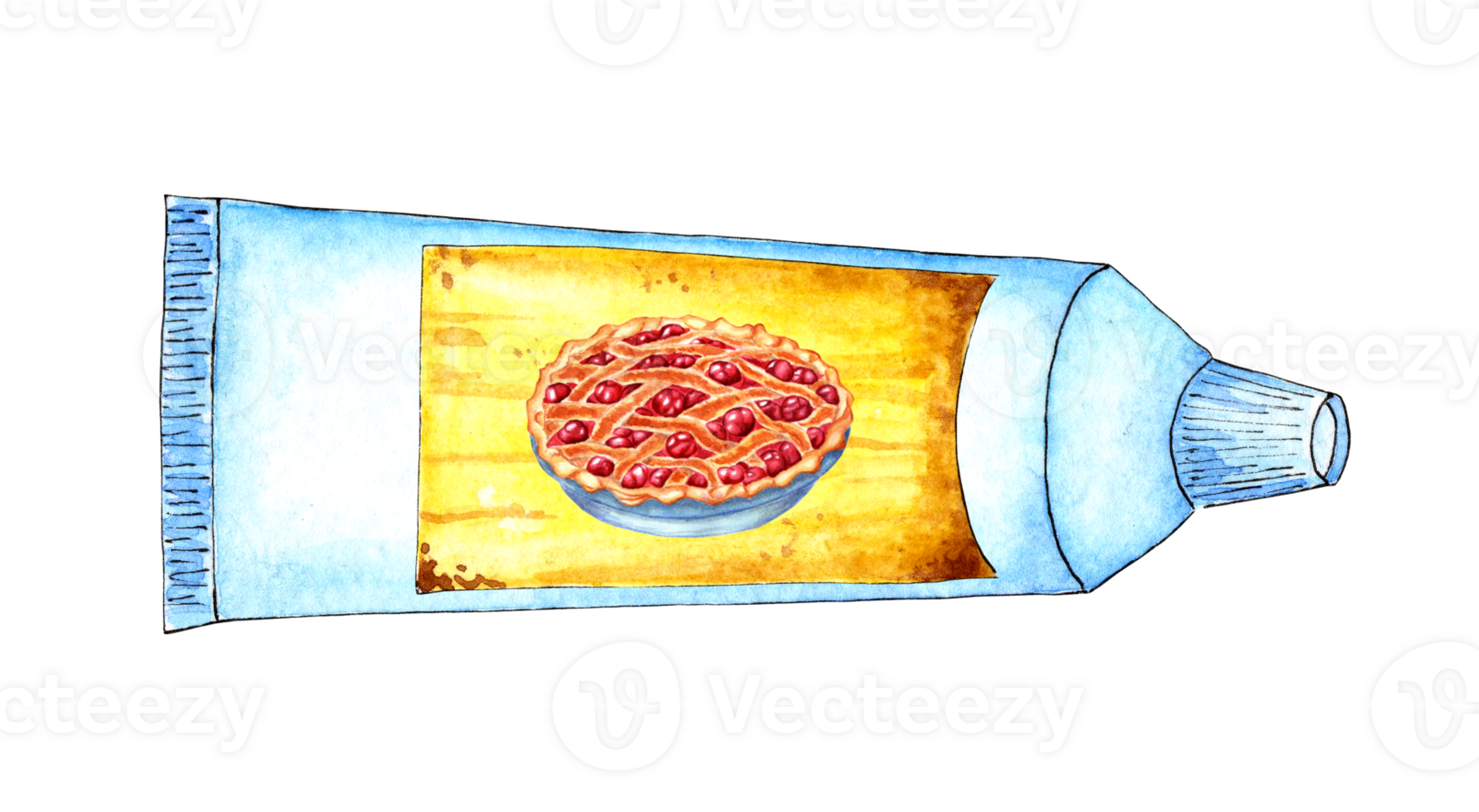 Watercolor illustration of a white tube with a yellow label and cherry pie on it. Space food, food for astronauts, is in zero gravity. Cherry pie in a tube. Isolated. Drawn by hand. png