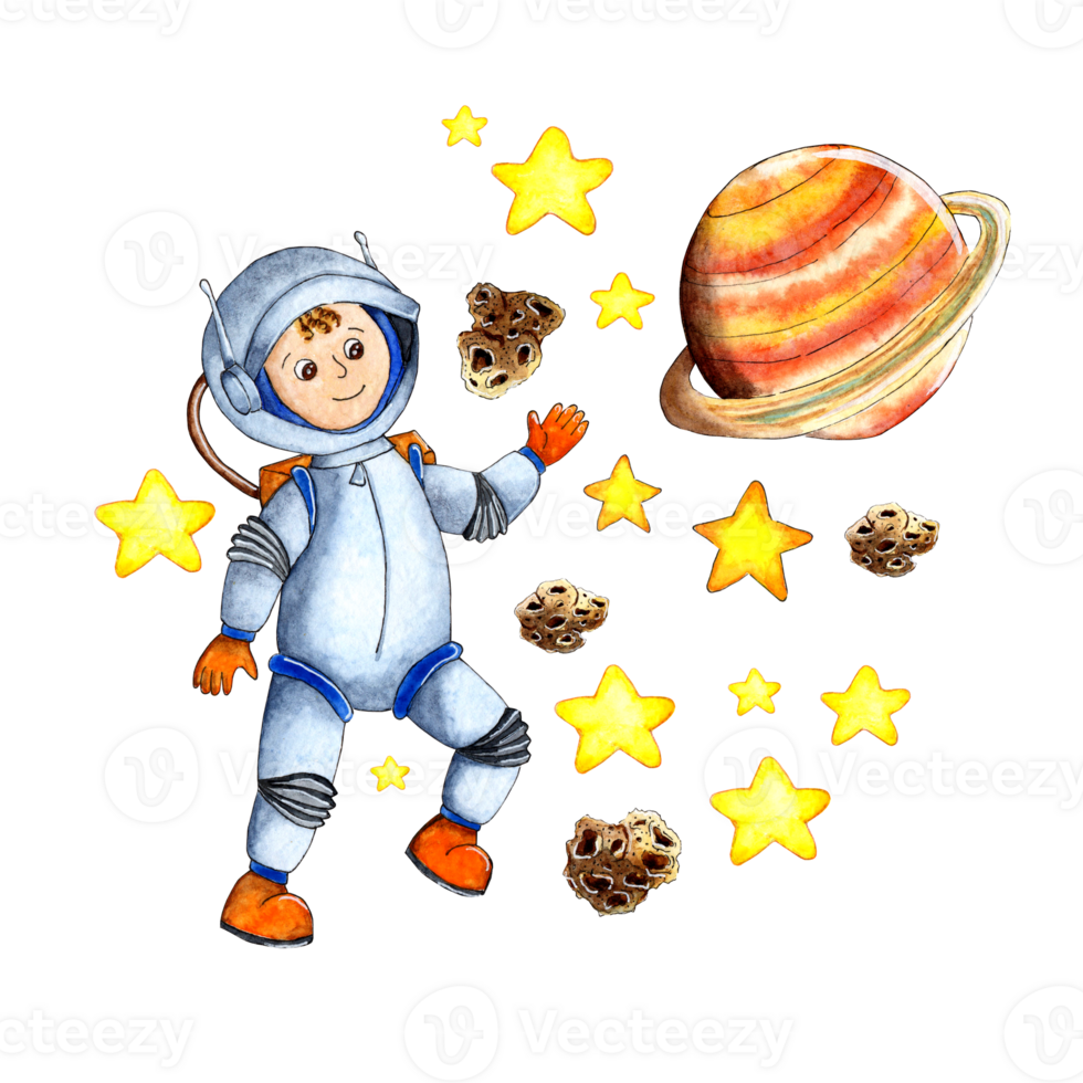 Watercolor illustration of an astronaut in open space, among the planets, stars and asteroids. Astronaut in space draws for children. Isolated png