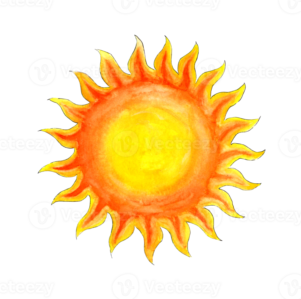 waterverf illustratie van de zon, snel schetsen schetsen. kinderen illustratie van een hand getekend zon. geïsoleerd. zonsopkomst zonsondergang. png