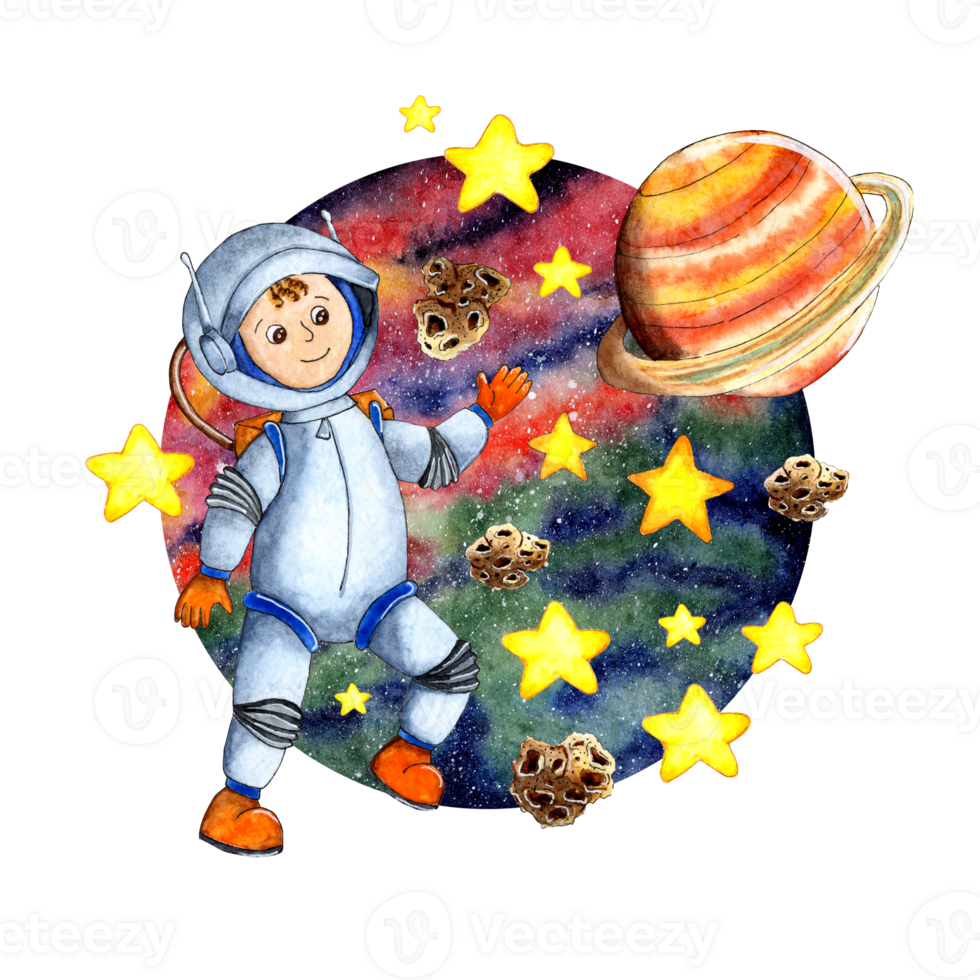 Watercolor illustration of an astronaut shows with his hand the planet Saturn, on a beautiful cosmic background of stars, planets, asteroids. Astronaut in outer space drawing for children. Isolated png
