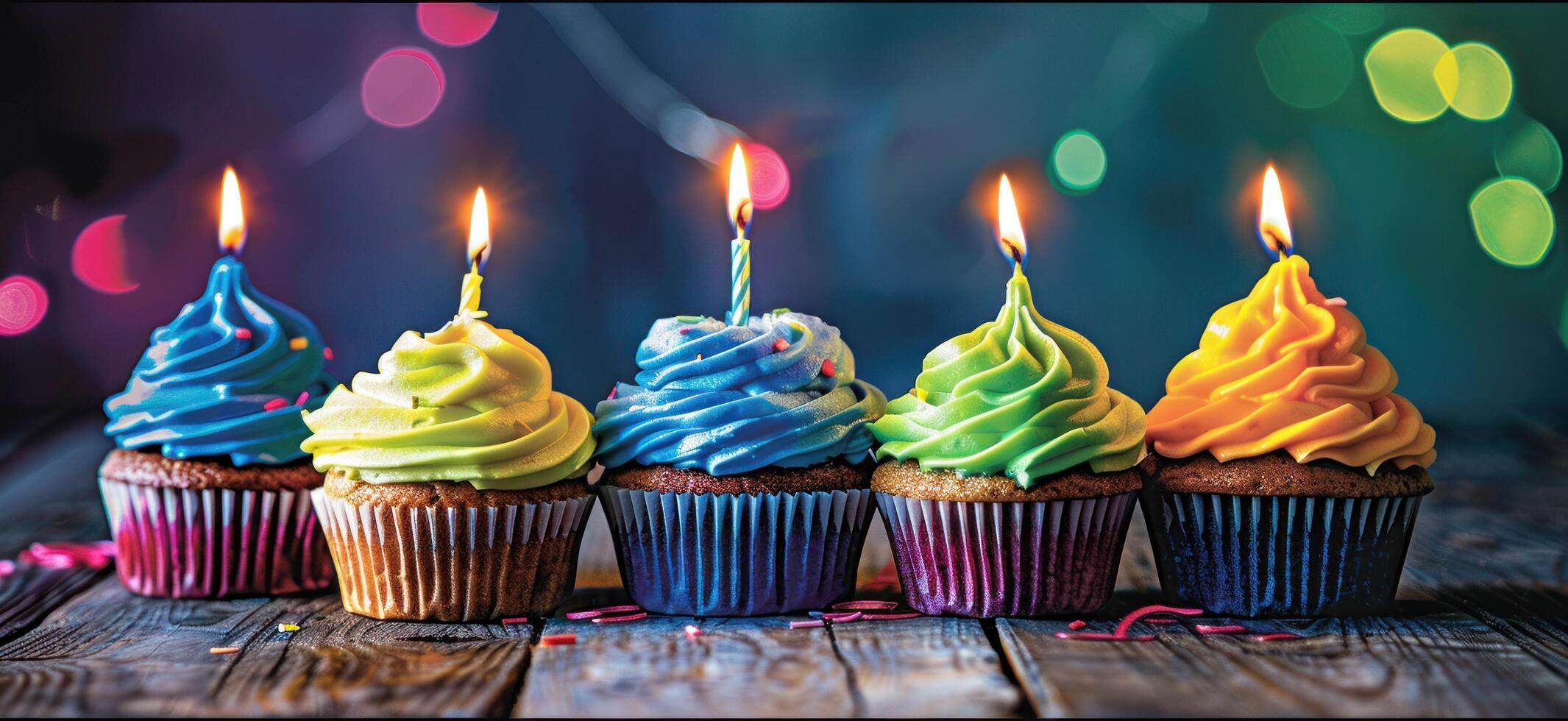 AI generated five cupcakes with candles in center photo