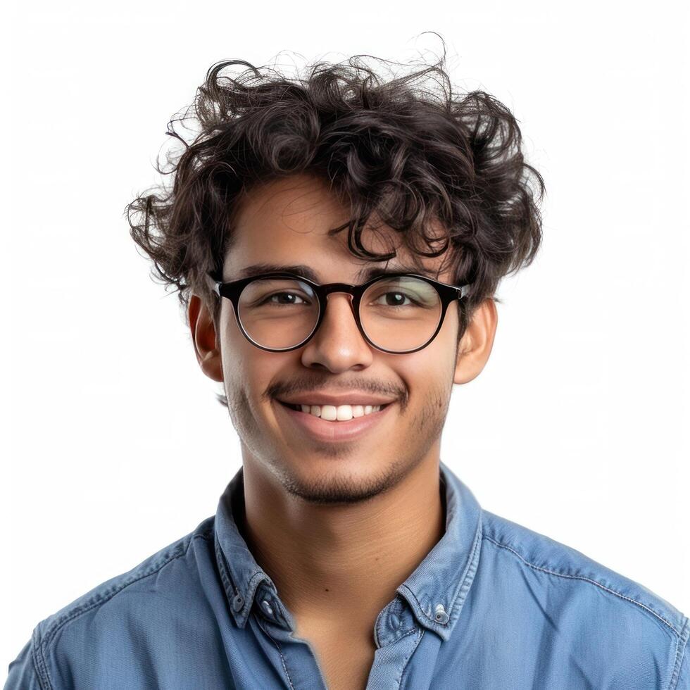 ai generado un joven hombre vistiendo lentes en azul camisa sonriente foto