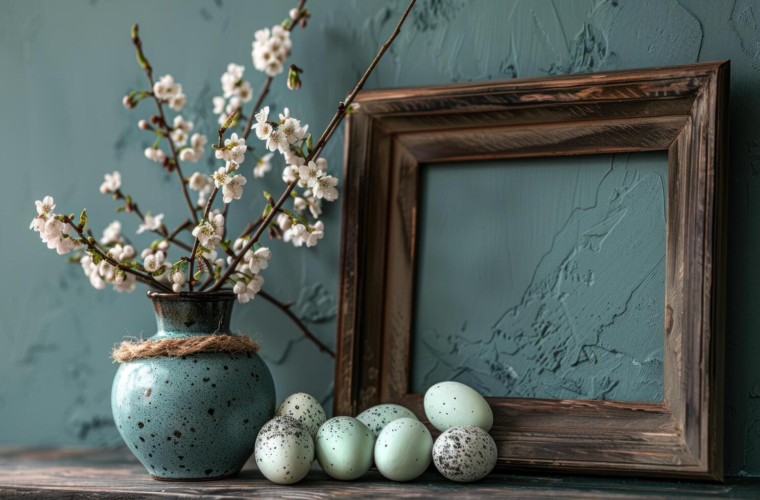 AI generated a frame and easter eggs are displayed on a dark background photo