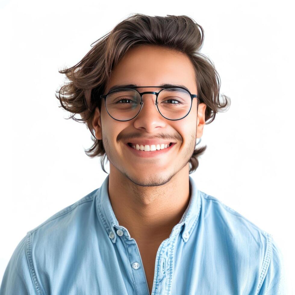 AI generated a young man wearing glasses in blue shirt smiling photo