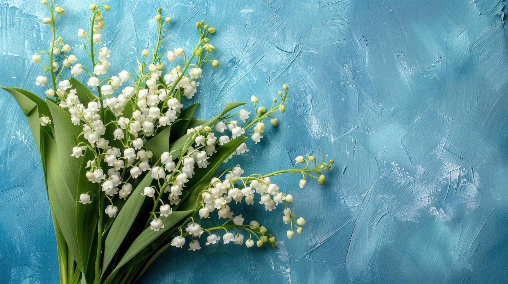 AI generated A beautiful bouquet of White lilies of the valley lies on the left on a blue minimalistic pastel background photo