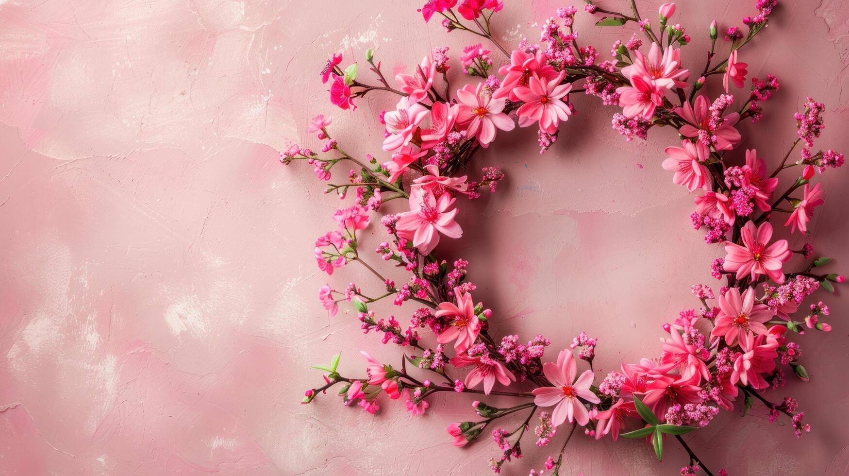 AI generated Flowers composition. Wreath made of pink flowers on pink background photo