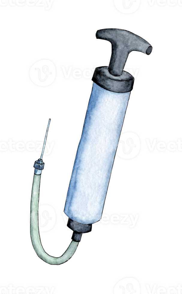 Watercolor illustration of a pump for inflating balls. The blue compressor is pumping air, blowing. Bubble concept. Tools for mechanical air pumping. Isolated . Drawn by hand. png