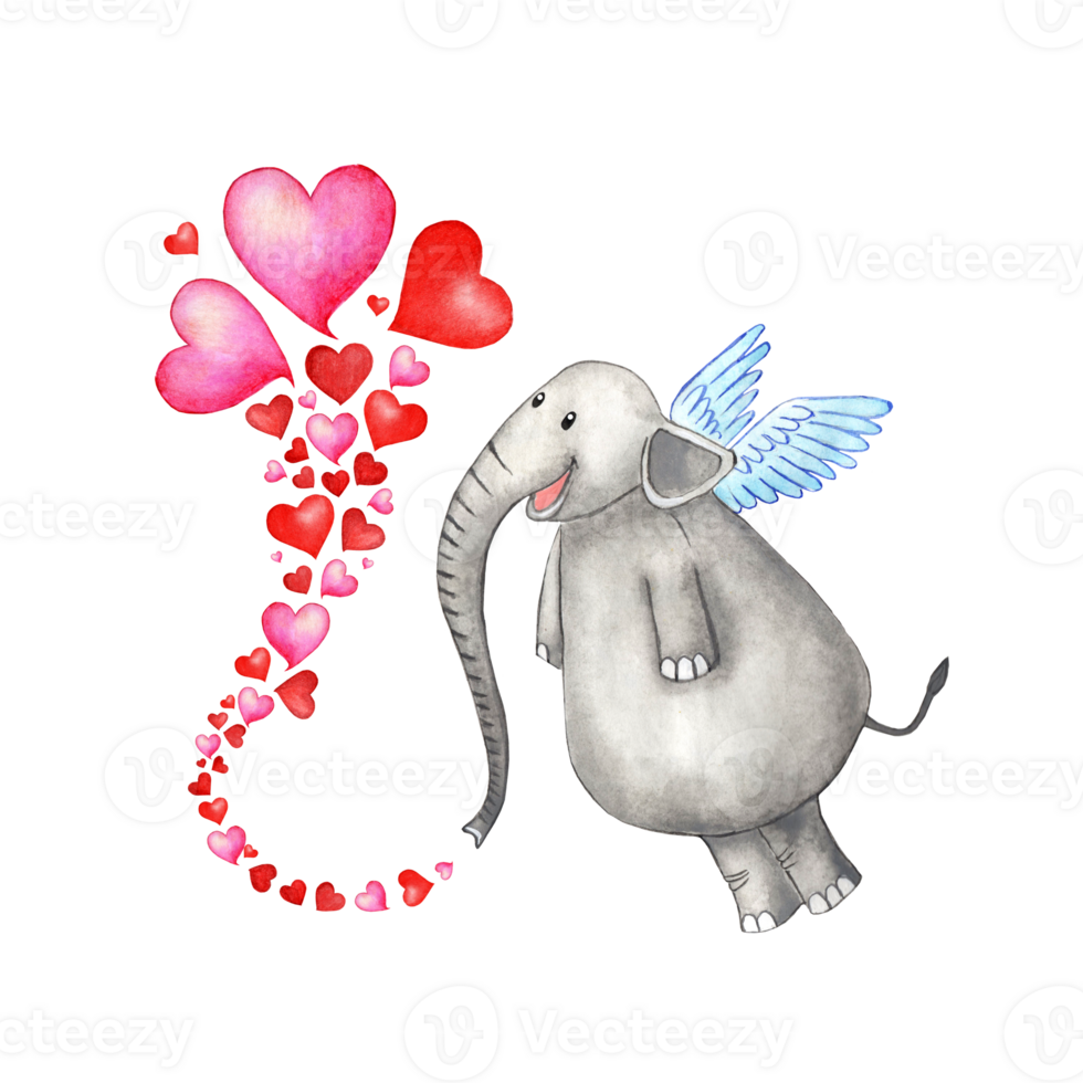 Watercolor illustration of a happy elephant with wings and hearts being poured from its trunk. Love concept in cartoon style. Valentine's day, wedding. Isolated png