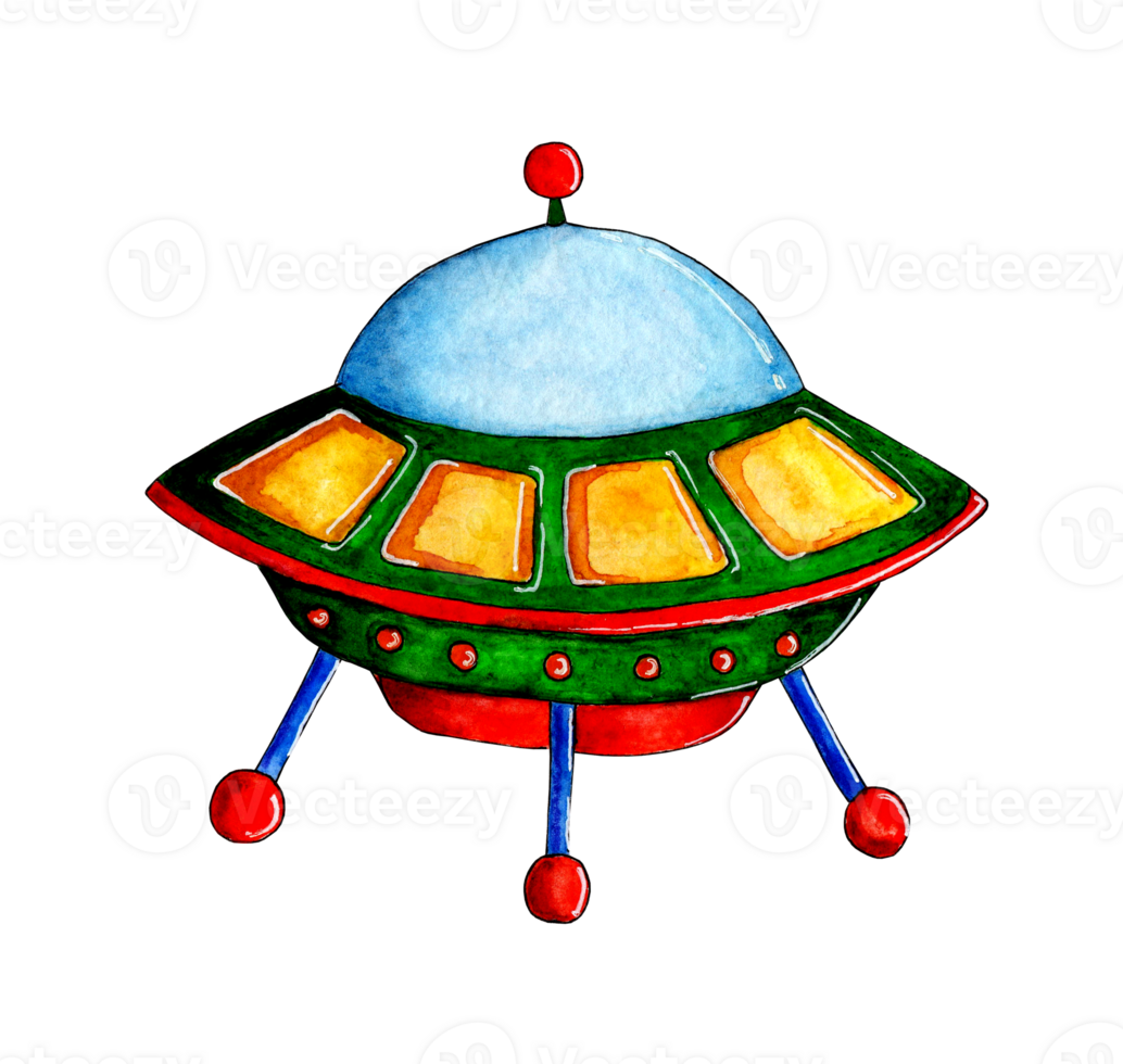 Watercolor illustration of a flying saucer. Unidentified flying object - UFO. Sci-fi depiction of the concept of ufology and life on planet earth. Children's picture isolated png