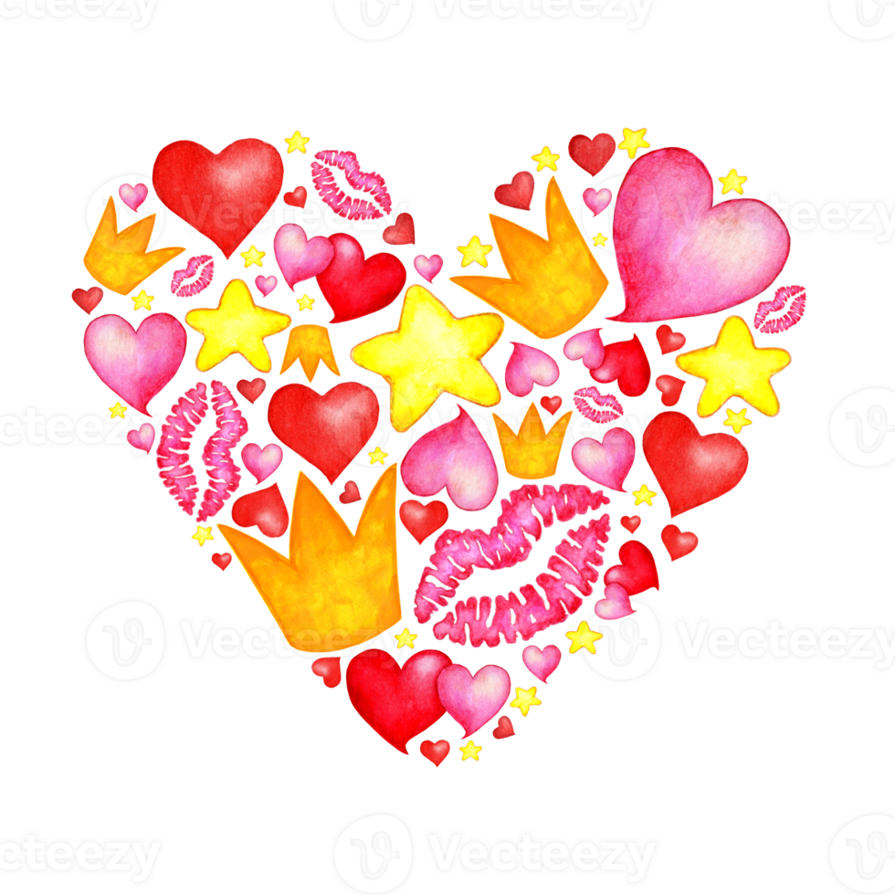 waterverf illustratie van tekening hart gevormd. kroon, roze en rood harten, kus lippen afdruk en sterren. kinderen tekening, Valentijnsdag dag, bruiloft, stel, liefde, samen. geïsoleerd png