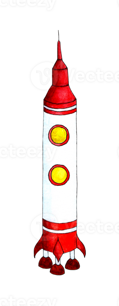 Watercolor illustration of a white and red rocket with two portholes. Child's drawing of a spaceship. Interplanetary travel. Isolated over. Drawn by hand. png