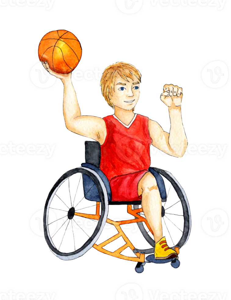 acquerello illustrazione di un' backetball sedia a rotelle paralimpico sport. il figura di un' Disabilitato persona nel un' sedia a rotelle con un' palla nel il suo mano. attivo le persone. il uomo. invalidità e sociale politica. png