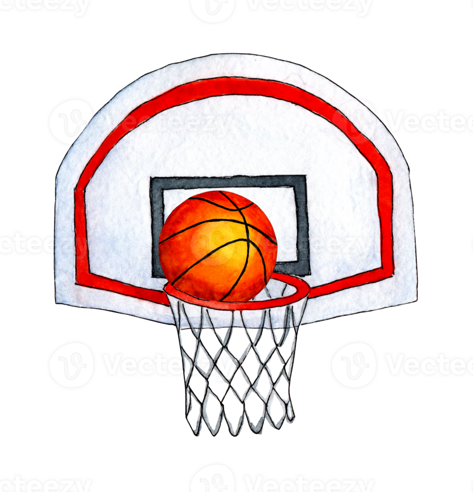 Watercolor illustration of throwing a basketball basket. Sketch. A net with a red hoop and a falling ball inward. Basketball score. Ball game. Isolated png