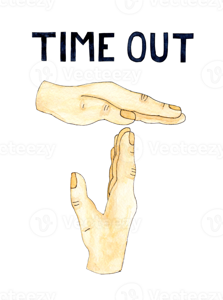 Watercolor illustration of hand making gesture and dark blue text TIME OUT. Isolated. Sport, game, business, pause concept. Drawn by hand. png