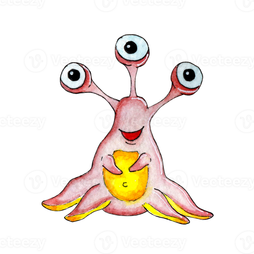 Watercolor illustration of a cute pink alien with three eyes and tentacles instead of arms and legs and a yellow belly. Children's picture of a humanoid. Isolated. Drawn by hand. png