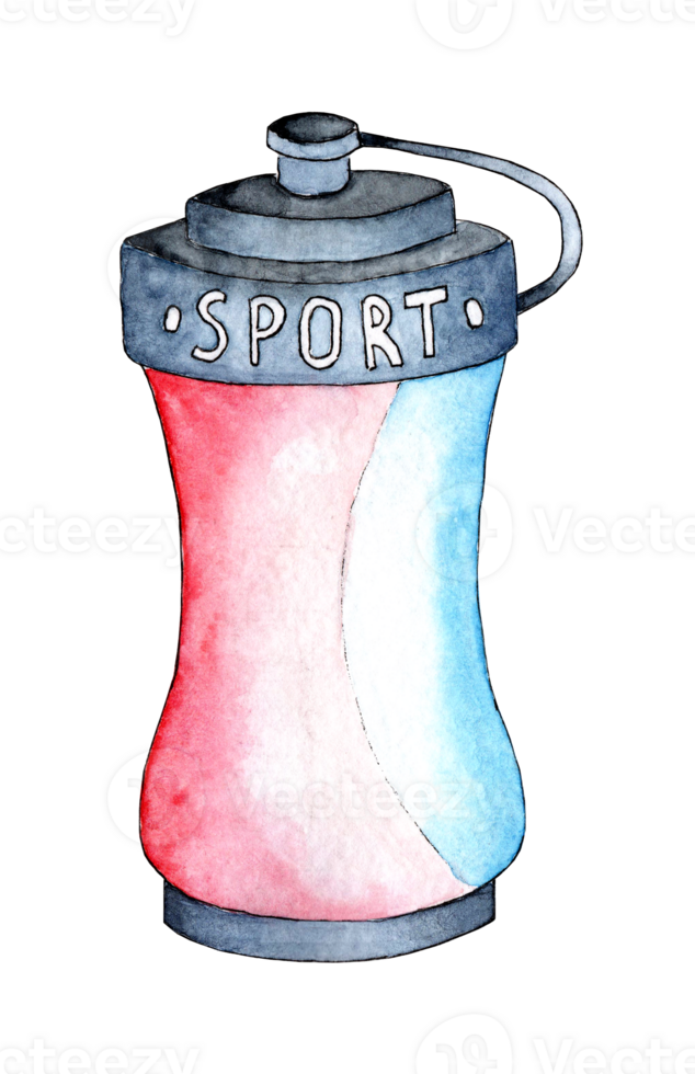 Watercolor illustration of a sports water bottle. A bun with a signature sporty design in pink and blue. A fun and cool drinking container for a sporty look. Isolated. Drawn by hand. png