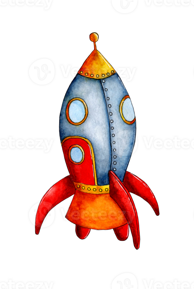 Watercolor illustration of a space rocket flying to the planets. The rocket is blue with a crane tree and blades, an orange bottom and a tip. Children cartoon illustration isolated png