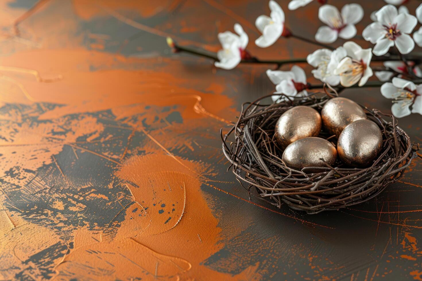 ai generado Pascua de Resurrección huevos y nidos en un naranja y negro mesa foto