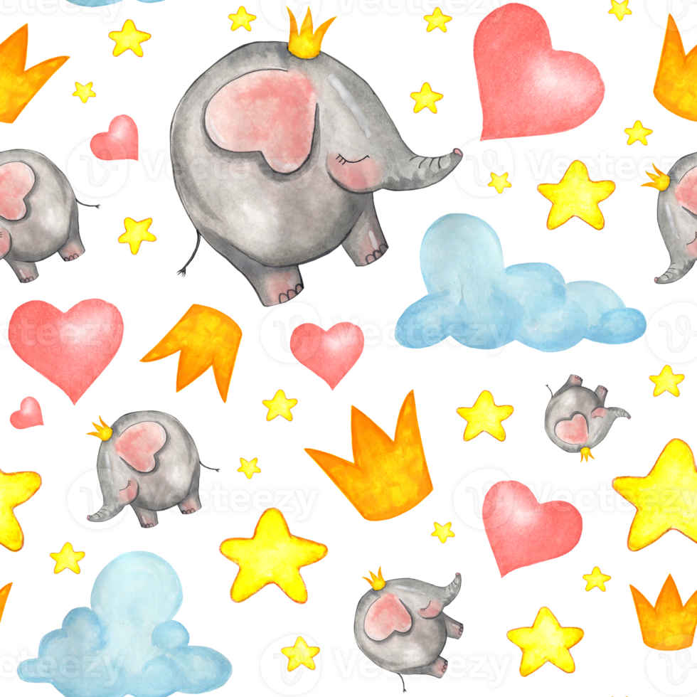 Seamless pattern with elephants, stars, clouds and hearts. Repeating endless background. Childish funny illustration. Isolated. Drawn by hand. png