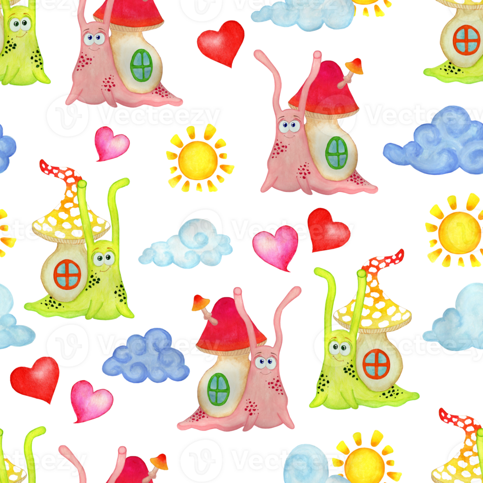 sömlös vattenfärg mönster av rosa och grön sniglar, moln, Sol och hjärtan. illustration för ungar, scrapbooking, hjärtans dag, brevpapper, tyg, Kläder och Hem dekor. isolerat png