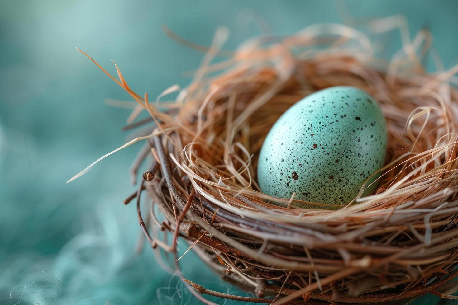 ai generado Pascua de Resurrección huevo en un vacío nido en azul antecedentes foto