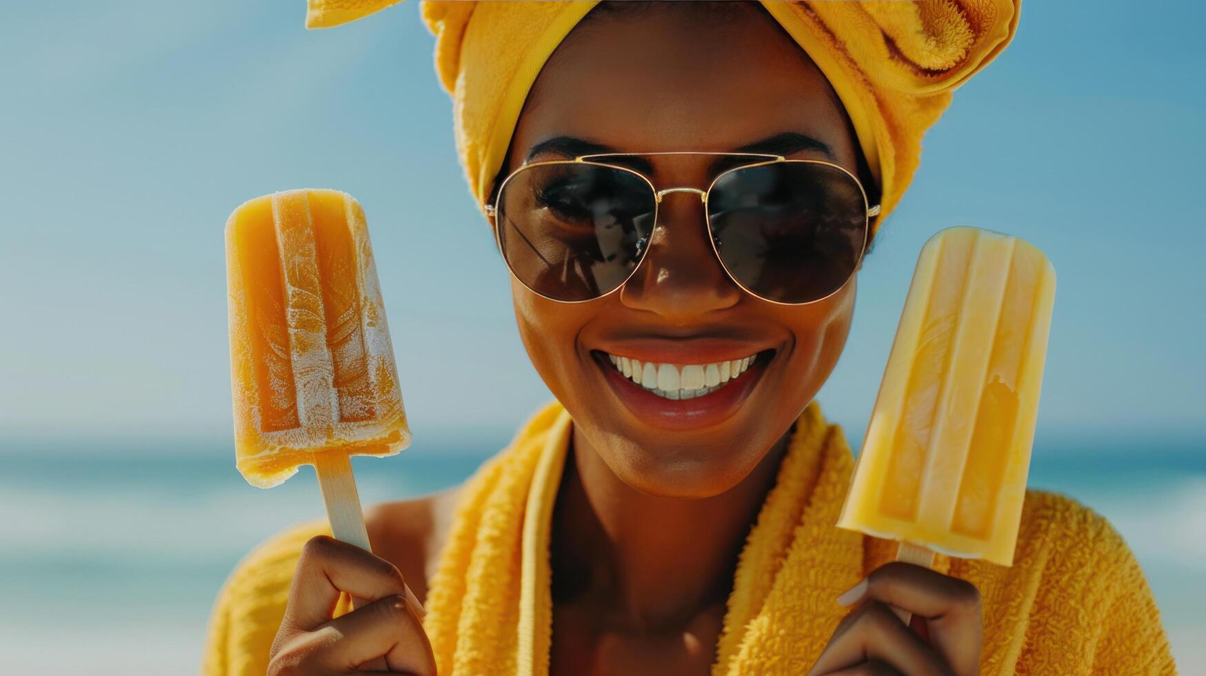 AI generated Joyful Woman with Popsicles and Summer Vibes photo