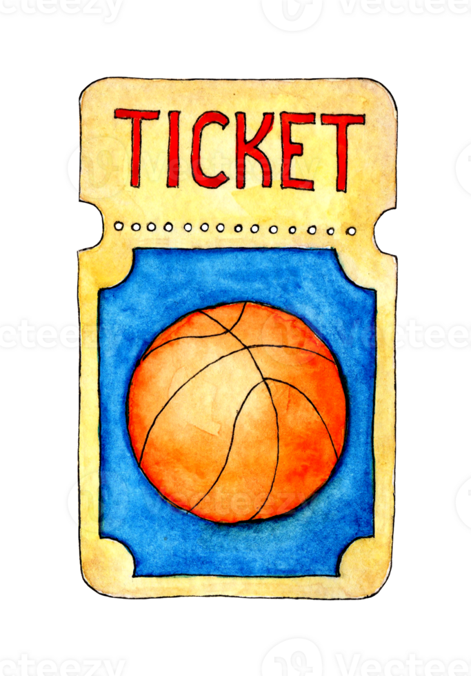 Watercolor illustration of a basketball ticket. Yellow ticket with a basketball ball on a blue background. Basketball ticket card modern design element. Isolated png