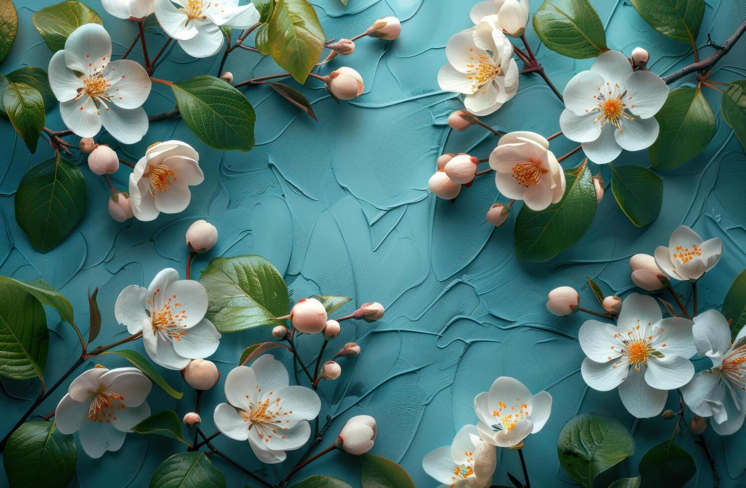 AI generated a white frame made from flowers and green leaves over a blue background photo