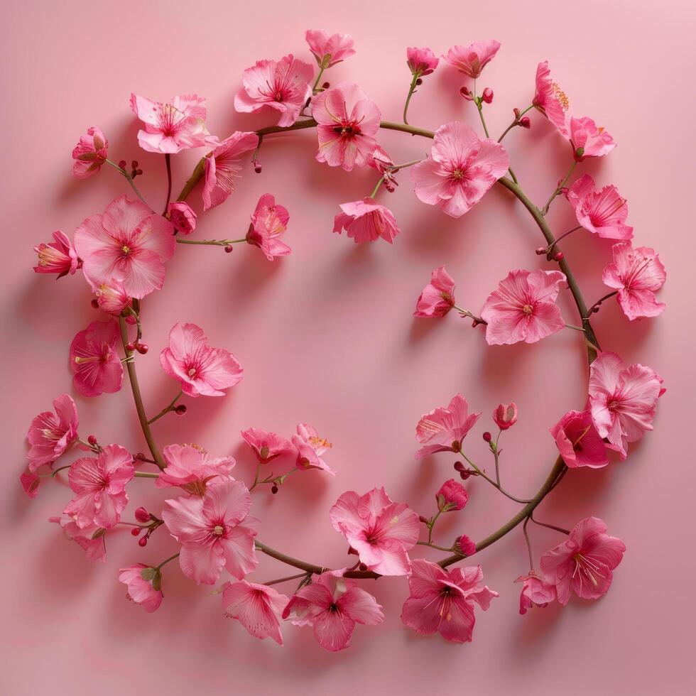 AI generated Flowers composition. Wreath made of pink flowers on pink background. Flat lay, top view, copy space photo