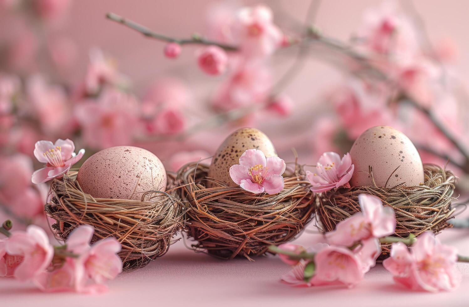 AI generated four empty wicker baskets with eggs and pink flowers on pink background photo