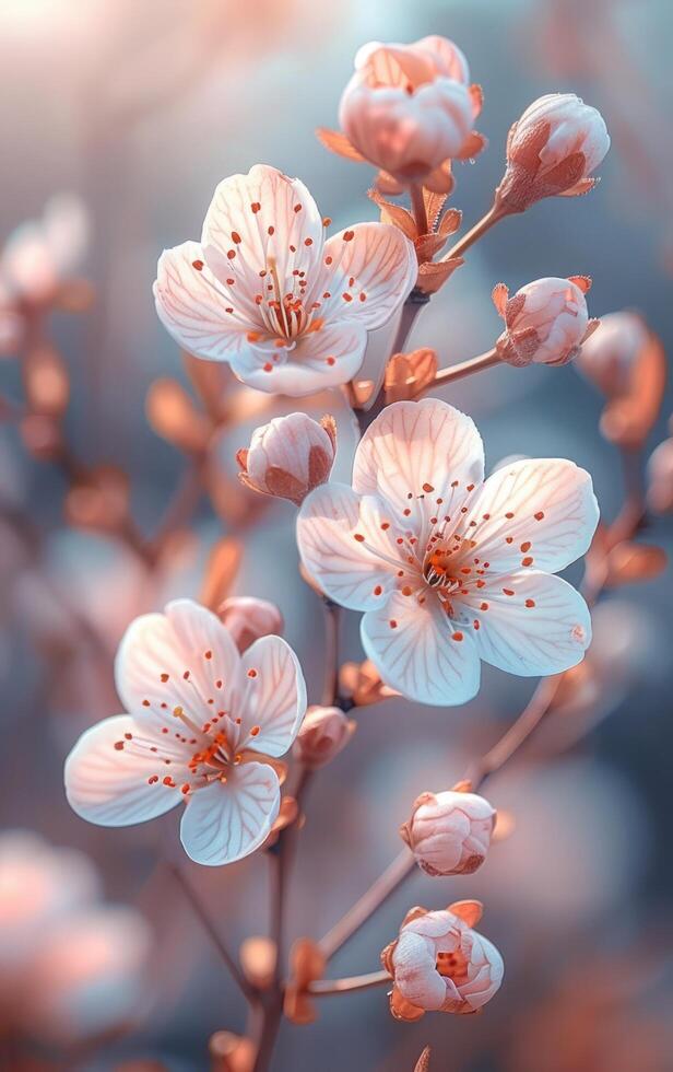 ai generado Cereza flores con hermosa nubes foto